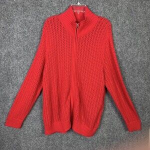 Red Open knit Zip Front Cardigan Sweater Women XL Long Sleeve Cotton No Brand